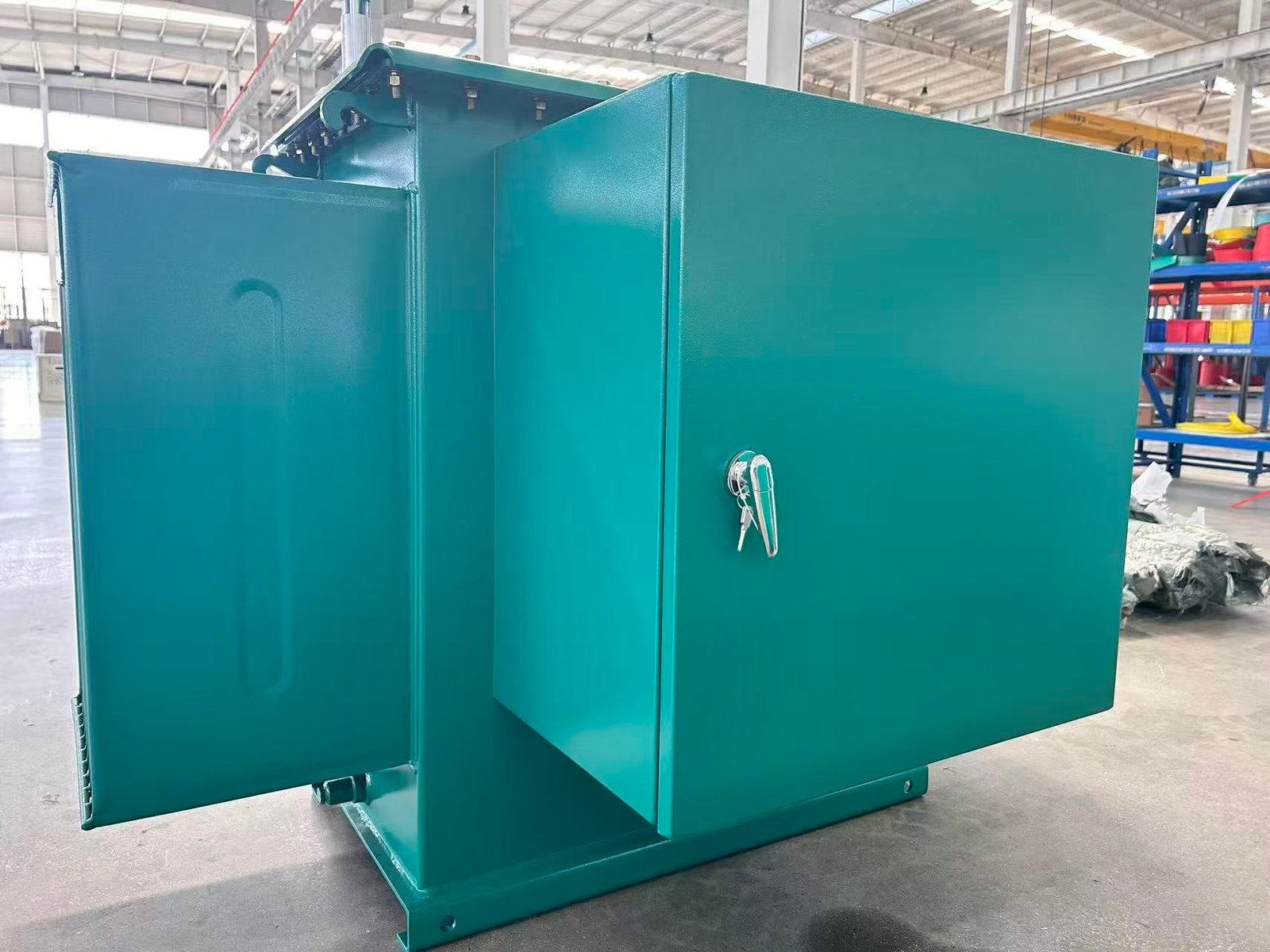 Green enclosed transformer equipment in the factory