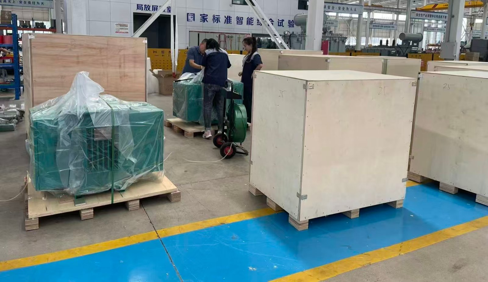 Transformers prepared for export inside the factory