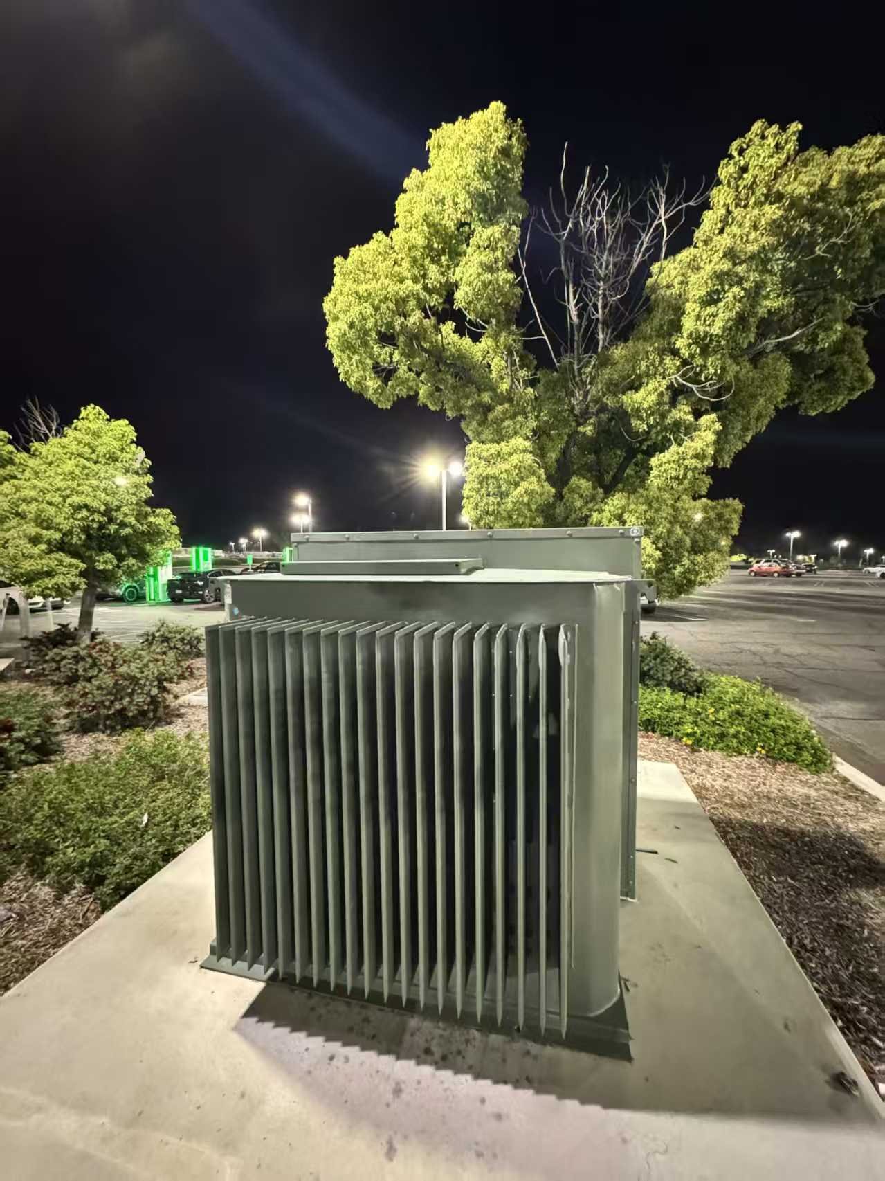 Outdoor transformer installed at night